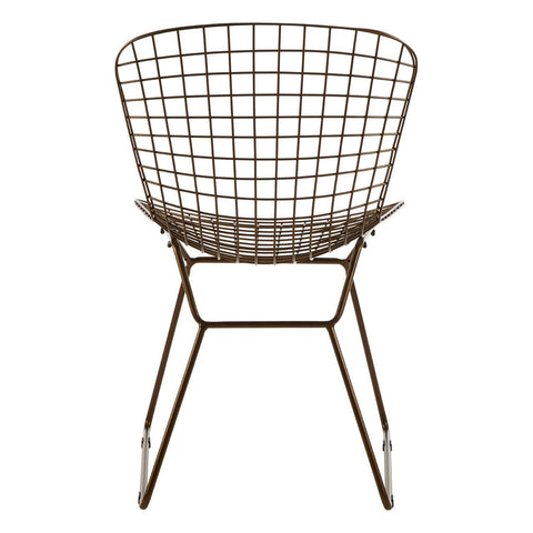 Bronze metal wire chair with a grid frame design, featuring a rounded backrest and a sturdy base supported by four slender legs. The chair has a modern and minimalist aesthetic, suitable for various home decor styles