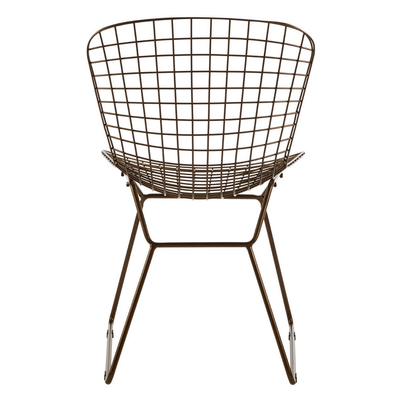 Bronze metal wire chair with a grid frame design, featuring a rounded backrest and a sturdy base supported by four slender legs. The chair has a modern and minimalist aesthetic, suitable for various home decor styles