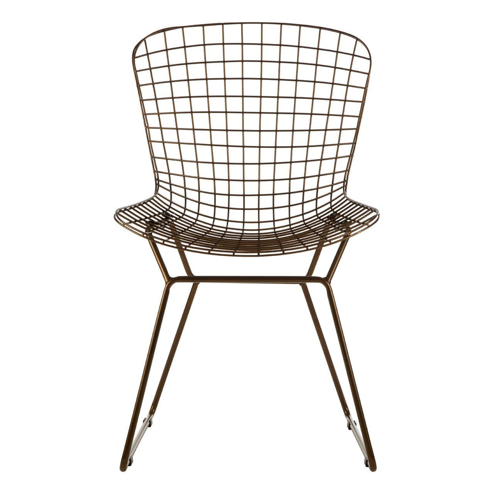 Bronze metal wire chair with a grid frame design, featuring a rounded backrest and armrests, supported by slender legs. The chair has a modern and minimalist aesthetic, suitable for various home decor styles