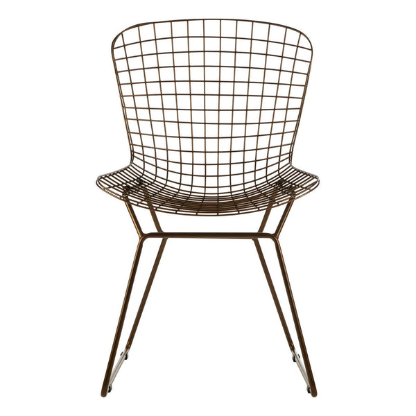 Bronze metal wire chair with a grid frame design, featuring a rounded backrest and armrests, supported by slender legs. The chair has a modern and minimalist aesthetic, suitable for various home decor styles