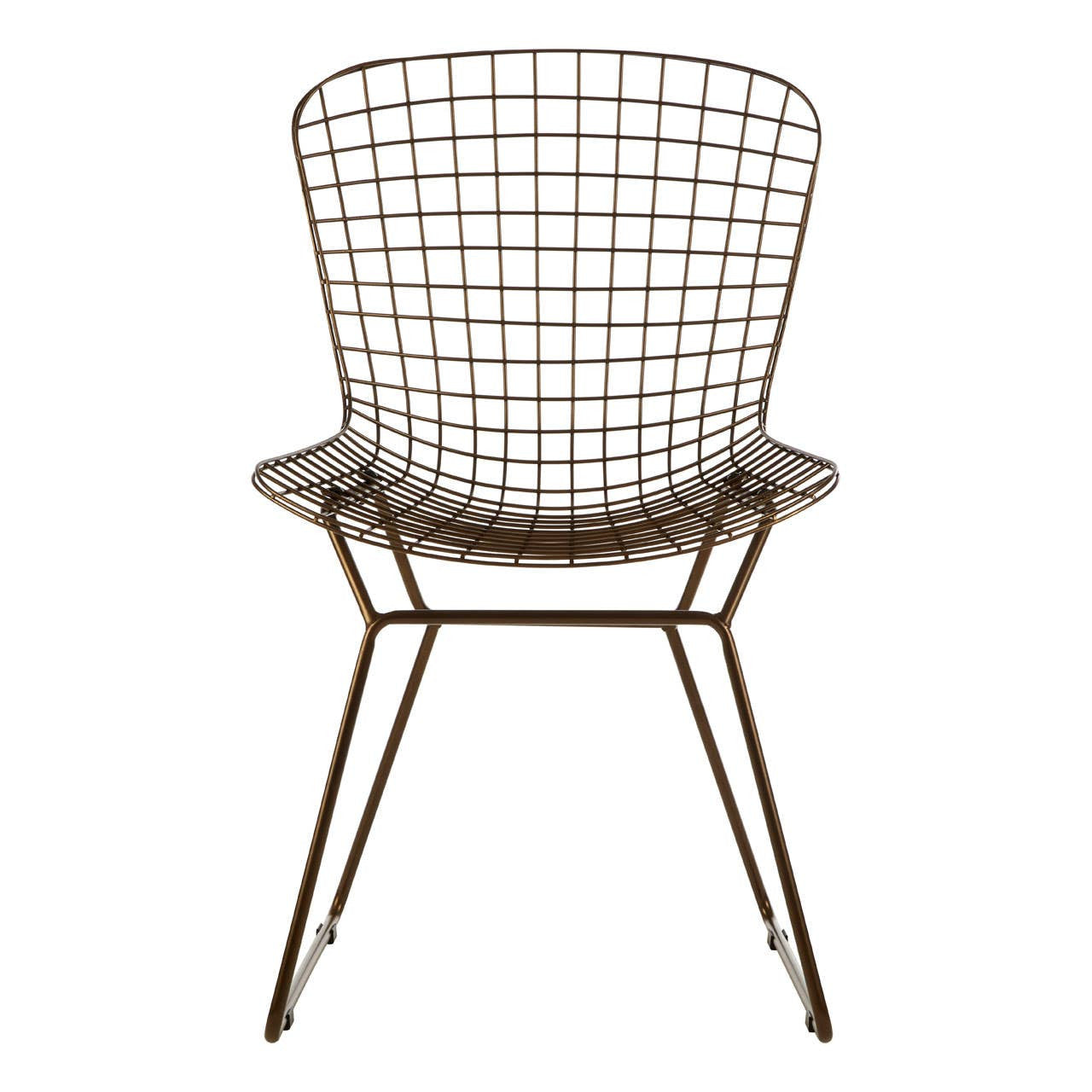 Bronze metal wire chair with a grid frame design, featuring a rounded backrest and armrests, supported by slender legs. The chair has a modern and minimalist aesthetic, suitable for various home decor styles