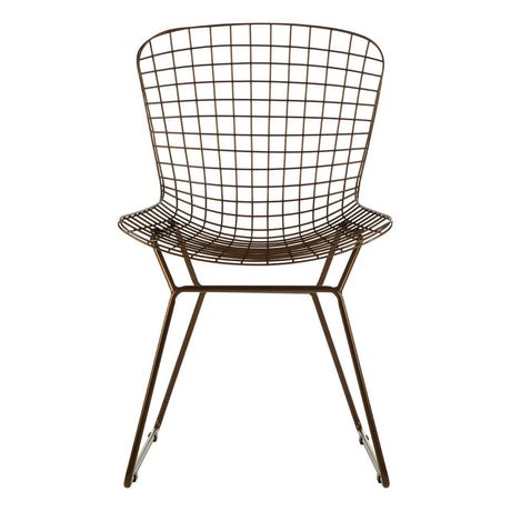Bronze metal wire chair with a grid frame design, featuring a rounded backrest and armrests, supported by slender legs. The chair has a modern and minimalist aesthetic, suitable for various home decor styles
