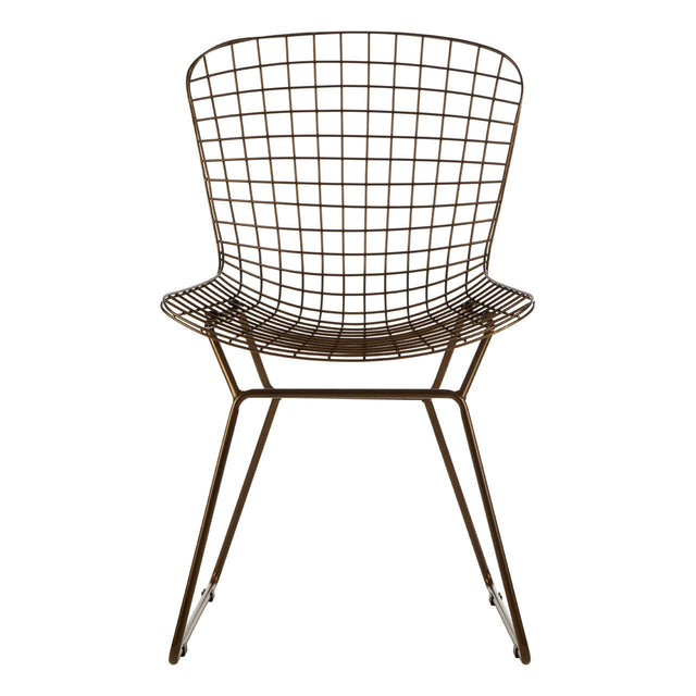 Bronze metal wire chair with a grid frame design, featuring a rounded backrest and armrests, supported by slender legs. The chair has a modern and minimalist aesthetic, suitable for various home decor styles