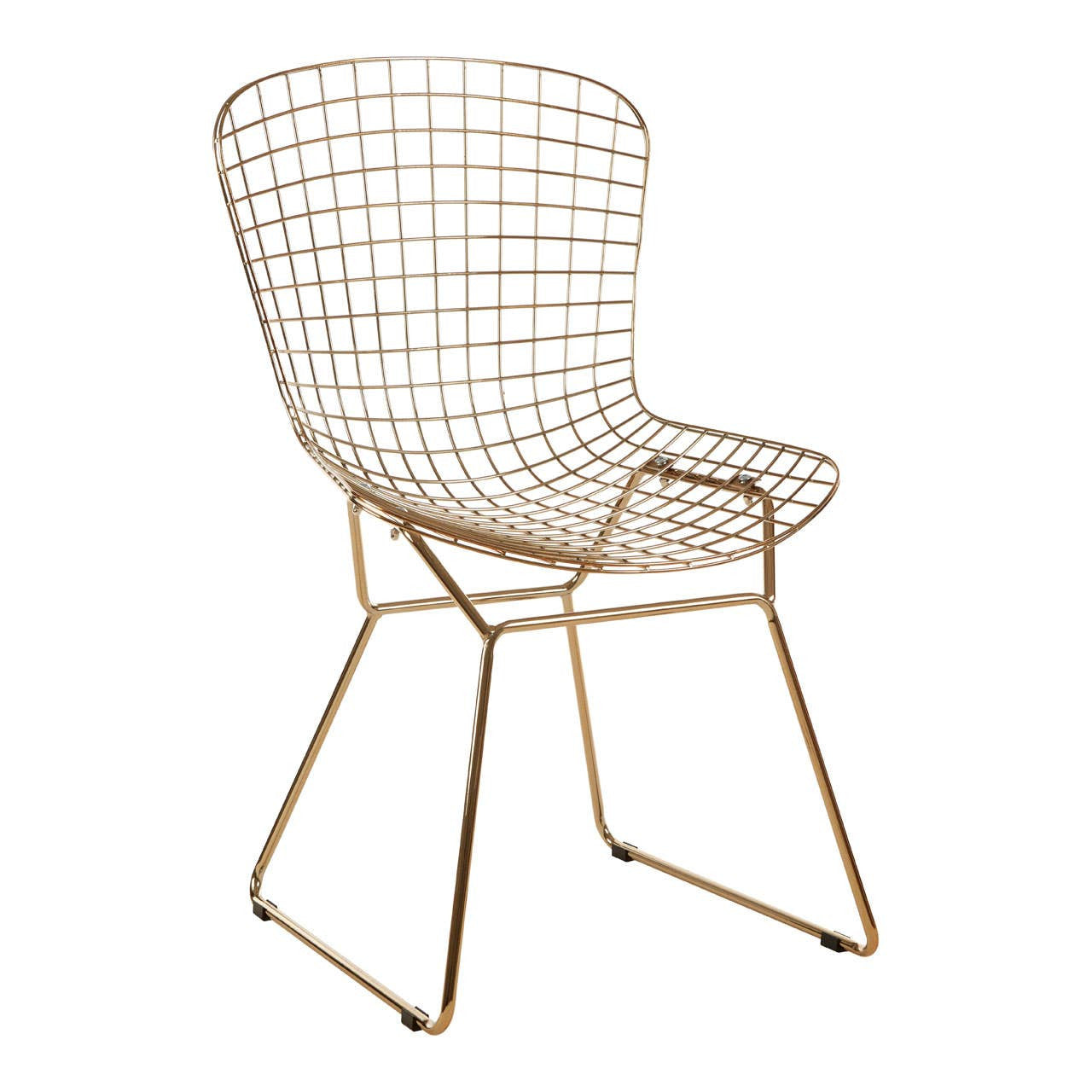 A gold metal wire chair with a grid frame design, featuring a curved backrest and a minimalist structure supported by slender legs. The chair has a modern aesthetic, suitable for contemporary home decor