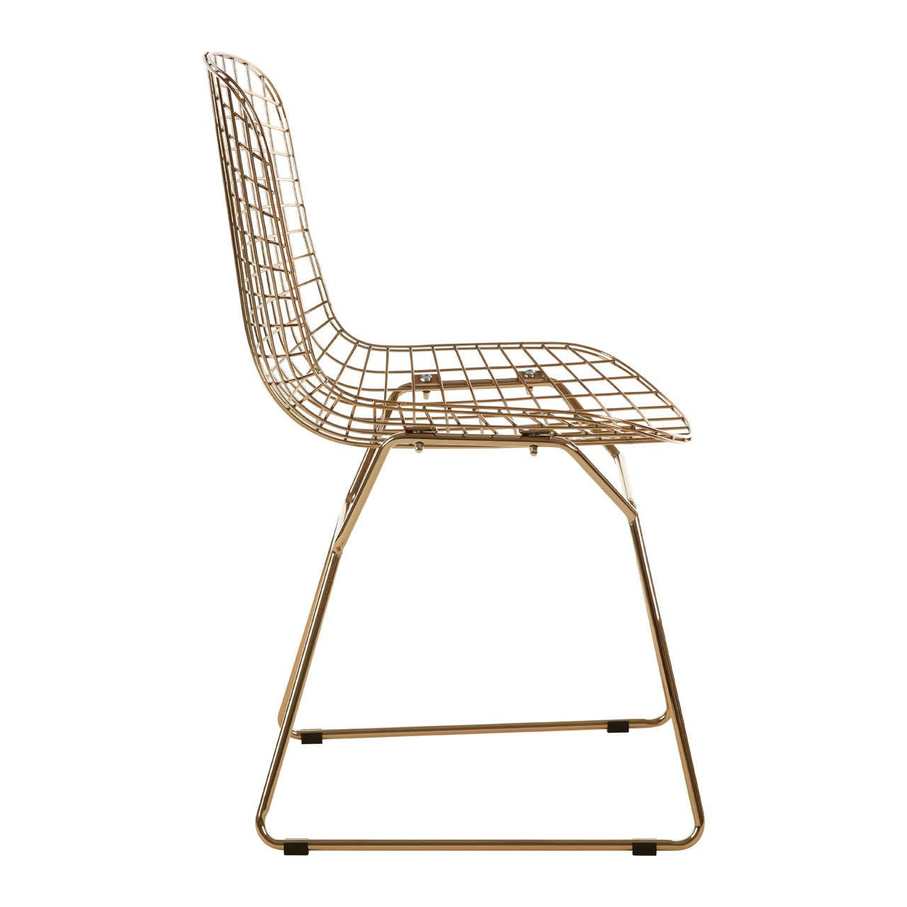 A side view of a gold metal grid frame wire chair featuring a curved backrest and a cushioned seat with a woven design. The chair stands on a sleek, minimalist base with four legs