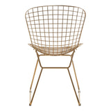 A gold metal wire chair with a grid frame design, featuring a rounded backrest and four slender legs. The chair has an open structure, showcasing its geometric pattern and modern aesthetic