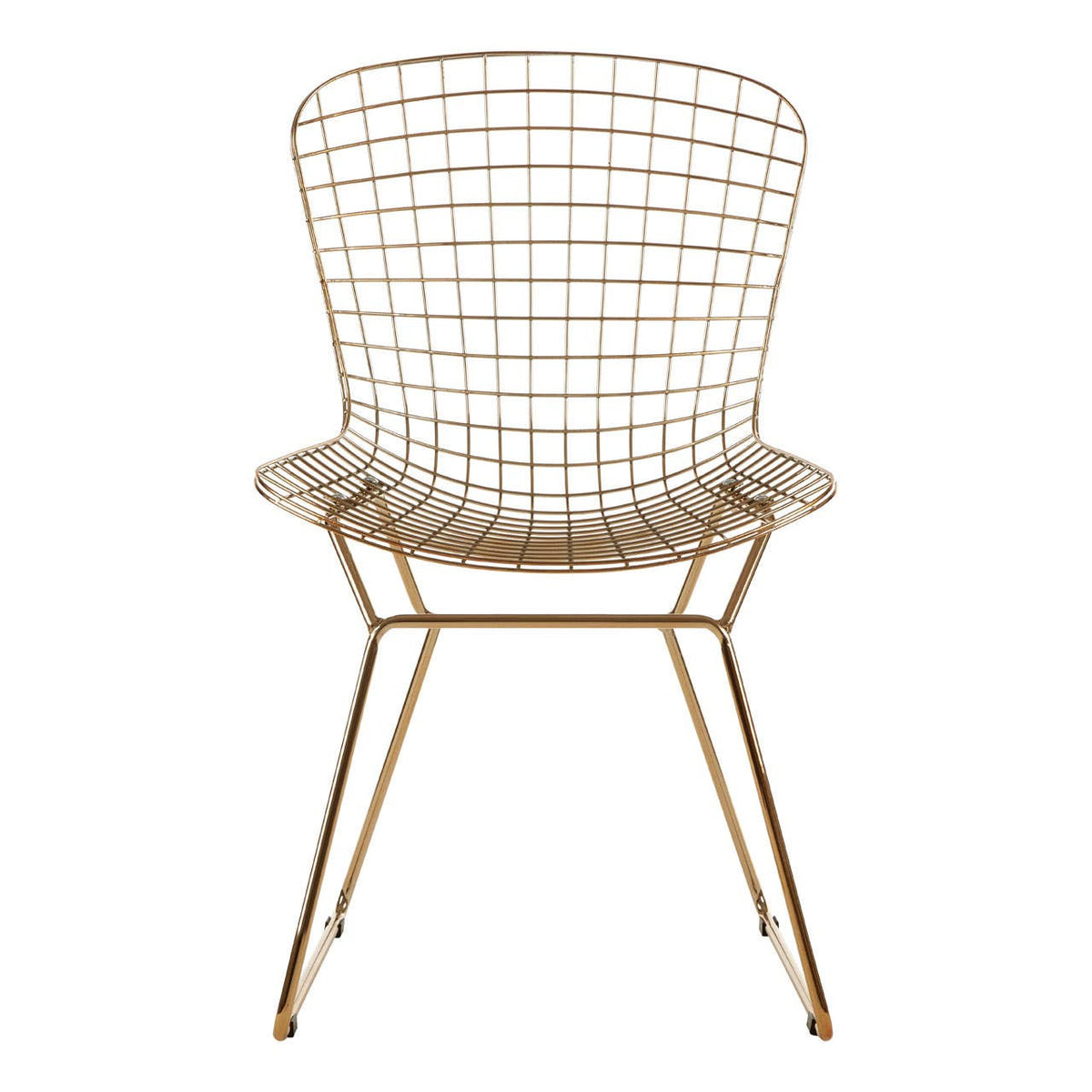 Gold metal wire chair with a grid frame design and slender legs, featuring a rounded backrest and a minimalist aesthetic suitable for modern home decor