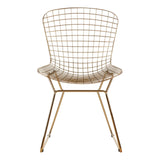 Gold metal wire chair with a grid frame design and slender legs, featuring a rounded backrest and a minimalist aesthetic suitable for modern home decor
