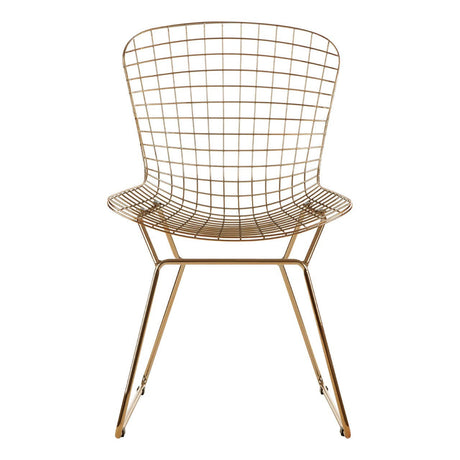 Gold metal wire chair with a grid frame design and slender legs, featuring a rounded backrest and a minimalist aesthetic suitable for modern home decor