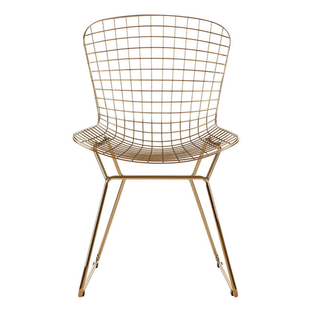 Gold metal wire chair with a grid frame design and slender legs, featuring a rounded backrest and a minimalist aesthetic suitable for modern home decor
