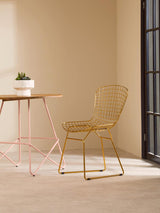 Gold metal grid frame wire chair positioned next to a small round table with a potted plant on top, set against a light beige wall and floor. Natural light streams in from a large window, creating a warm and inviting atmosphere