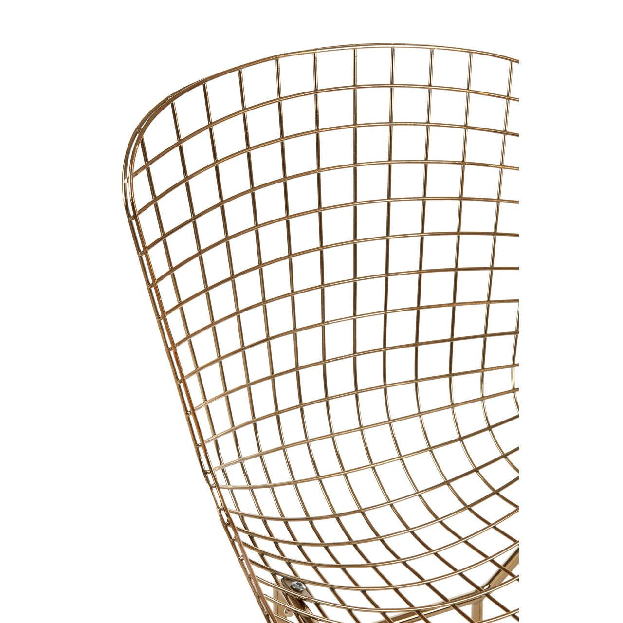 Gold metal wire chair with a grid frame design, featuring a curved backrest and a minimalist aesthetic, suitable for modern home decor