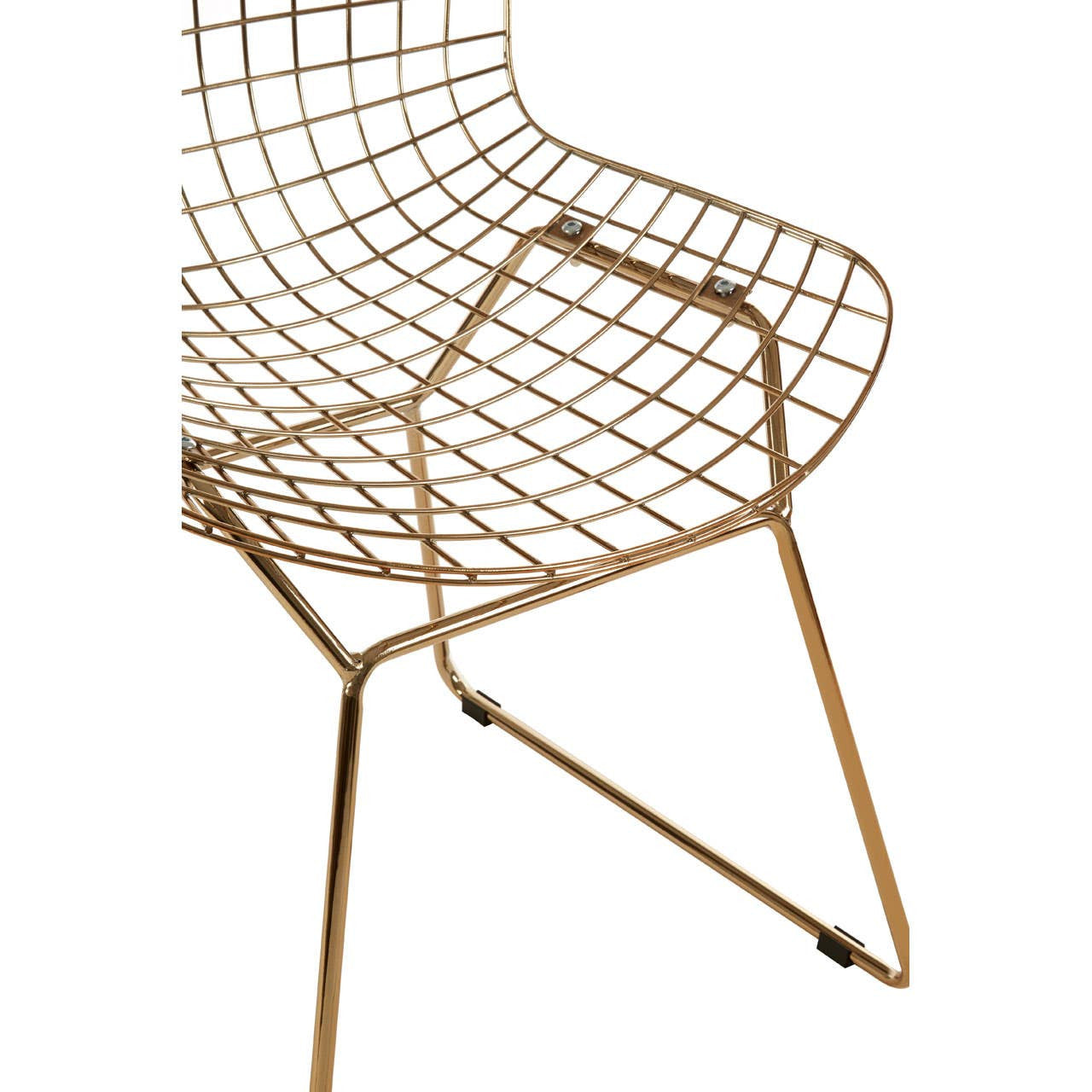Gold metal wire chair with a grid frame design, featuring a curved seat and backrest supported by slender legs. The chair has a modern aesthetic, suitable for contemporary home decor