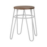 A grey metal hairpin stool with a round wooden seat, featuring slender, angled legs that create a modern and minimalist design. The stool has a light wood finish on the seat and a contrasting white metal frame