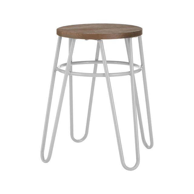 A grey metal hairpin stool with a round wooden seat, featuring slender, angled legs that create a modern and minimalist design. The stool has a light wood finish on the seat and a contrasting white metal frame