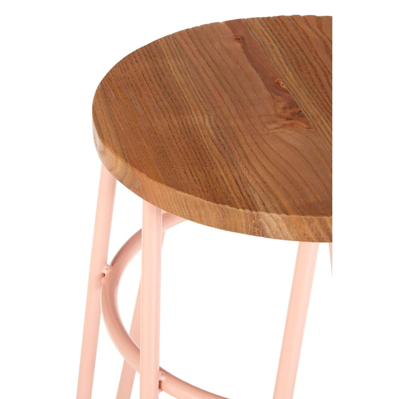 Round stool featuring a smooth, natural elm wood top with a warm finish, supported by slender pink metal hairpin legs. The design combines modern aesthetics with a touch of rustic charm