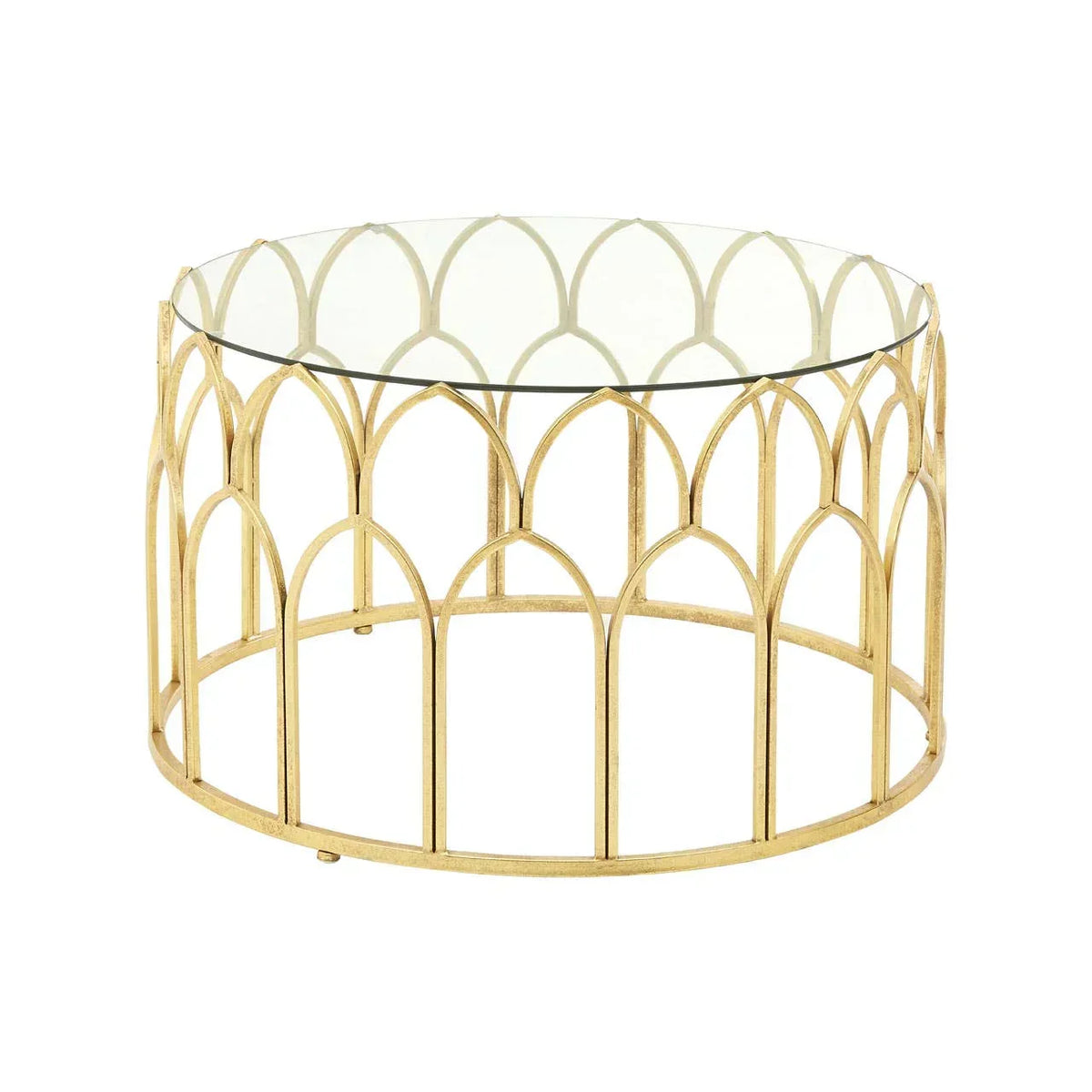 Round glass coffee table with gold metal base and arched pattern design