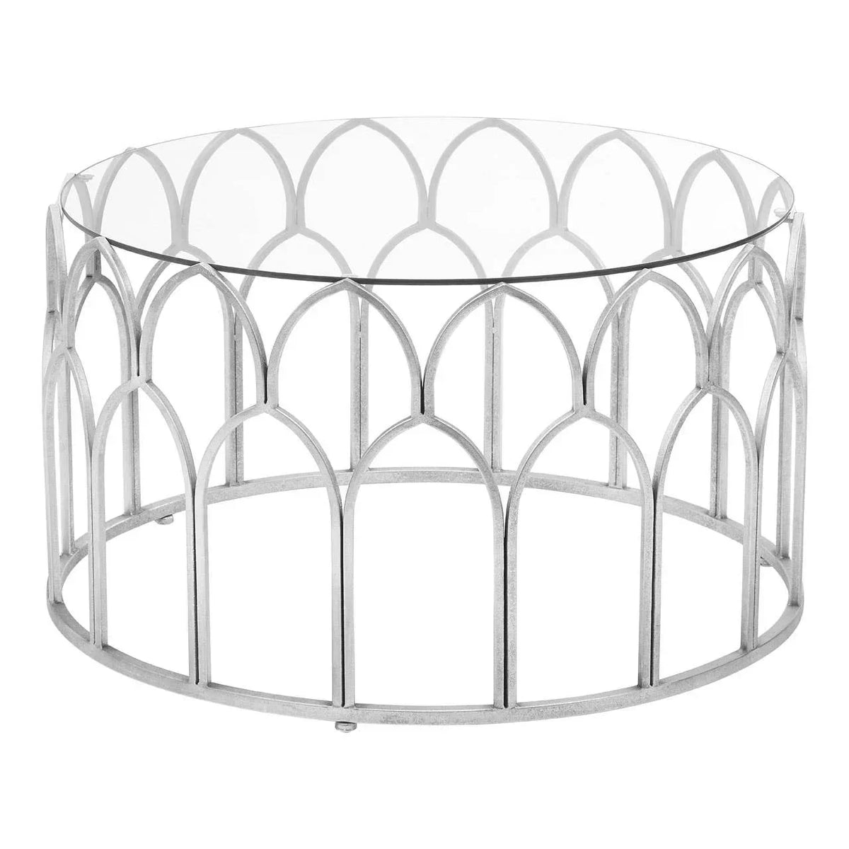 Round glass coffee table with silver metal frame and arched geometric pattern