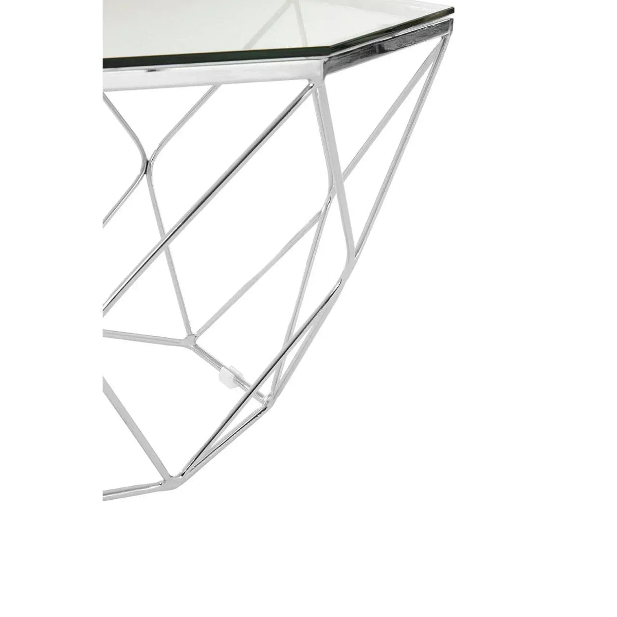 Glass coffee table with geometric chrome metal frame, angled close-up view