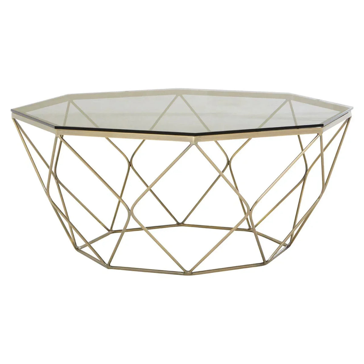 Glass top coffee table with gold geometric metal frame on white background