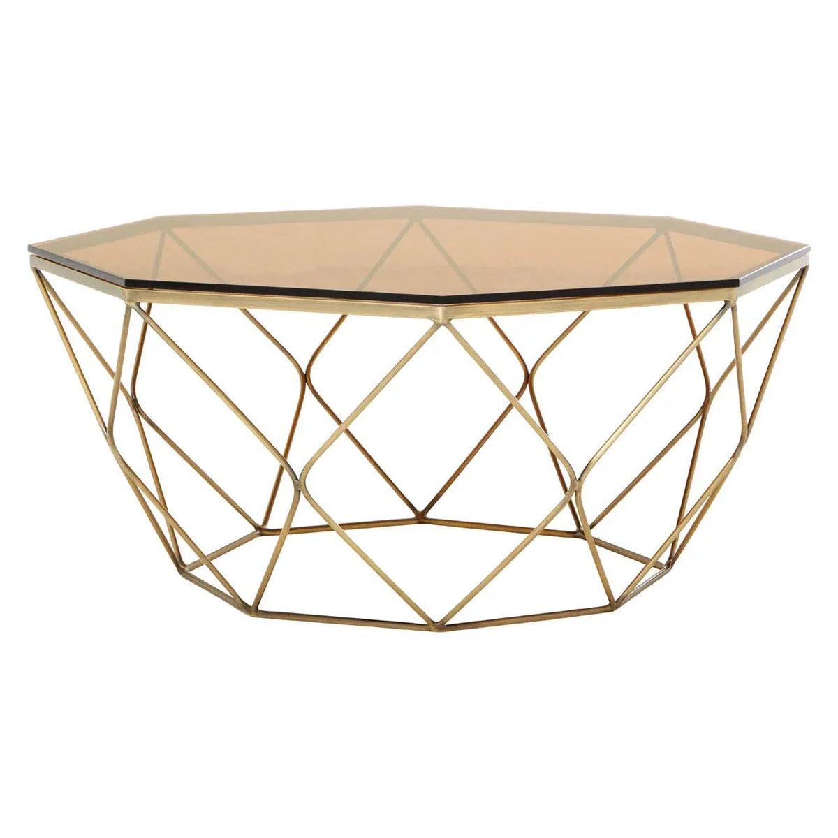 Glass top coffee table with gold geometric metal frame, shown from front angle