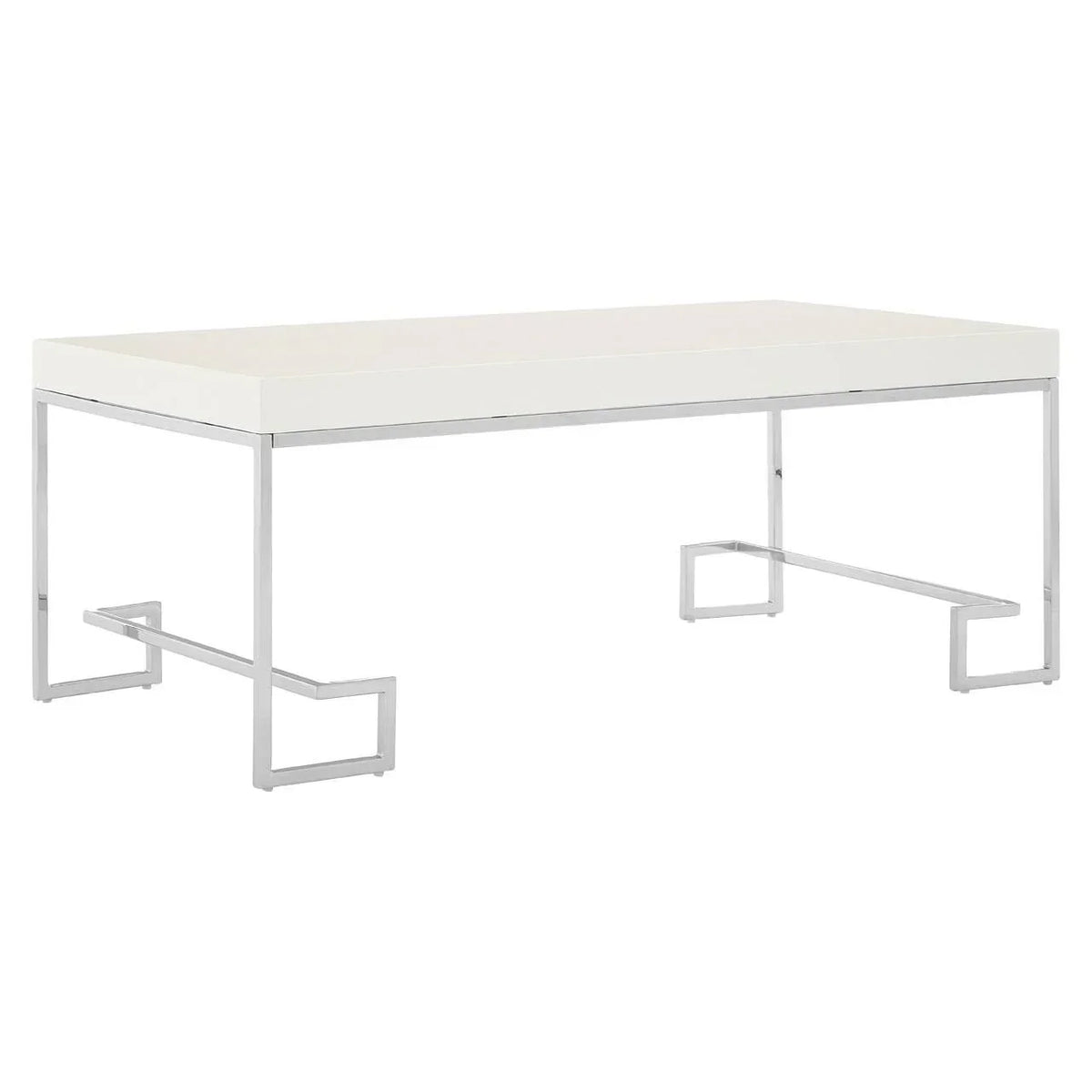 White rectangular coffee table with chrome metal legs and modern geometric base
