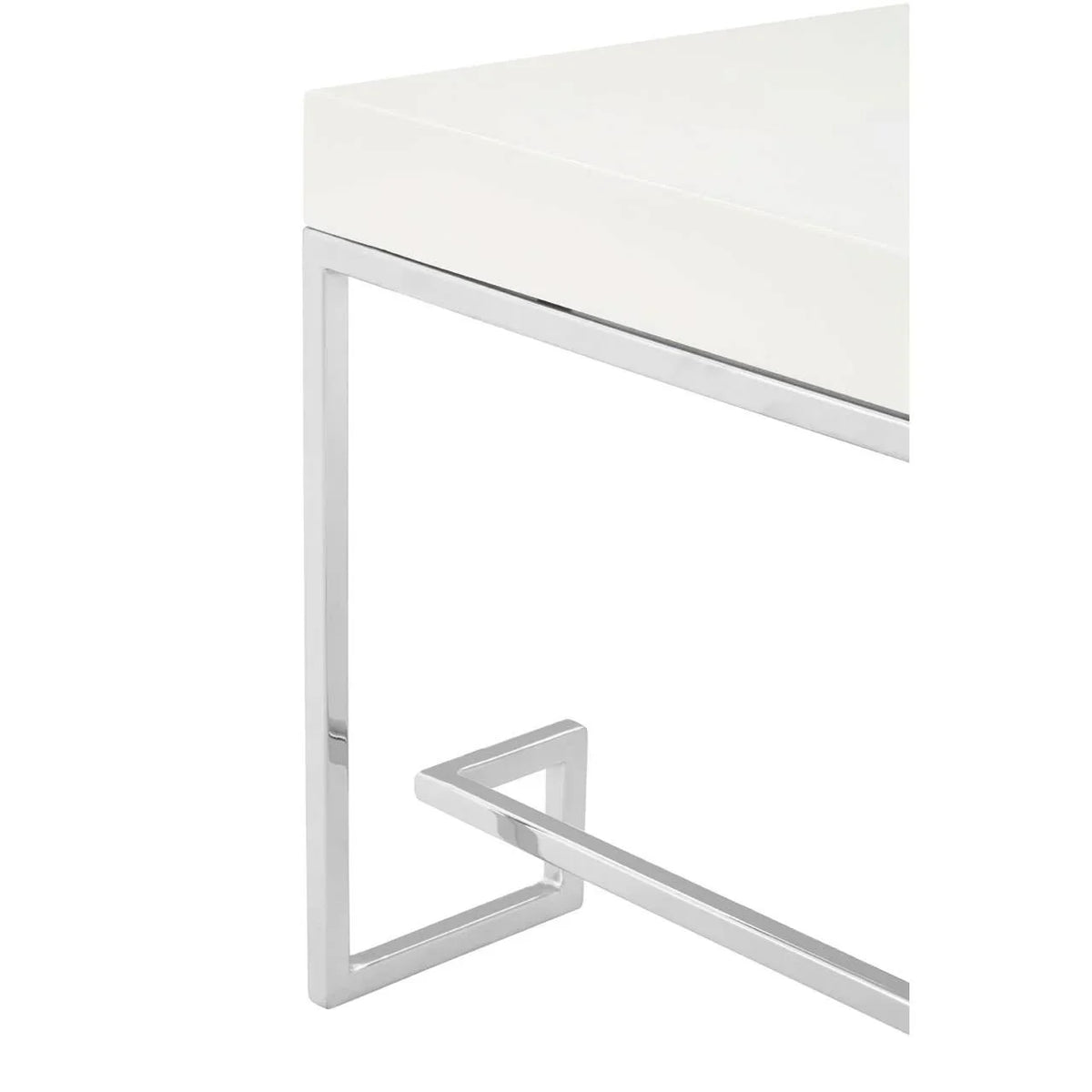 White gloss corner table with chrome metal frame and modern geometric leg design