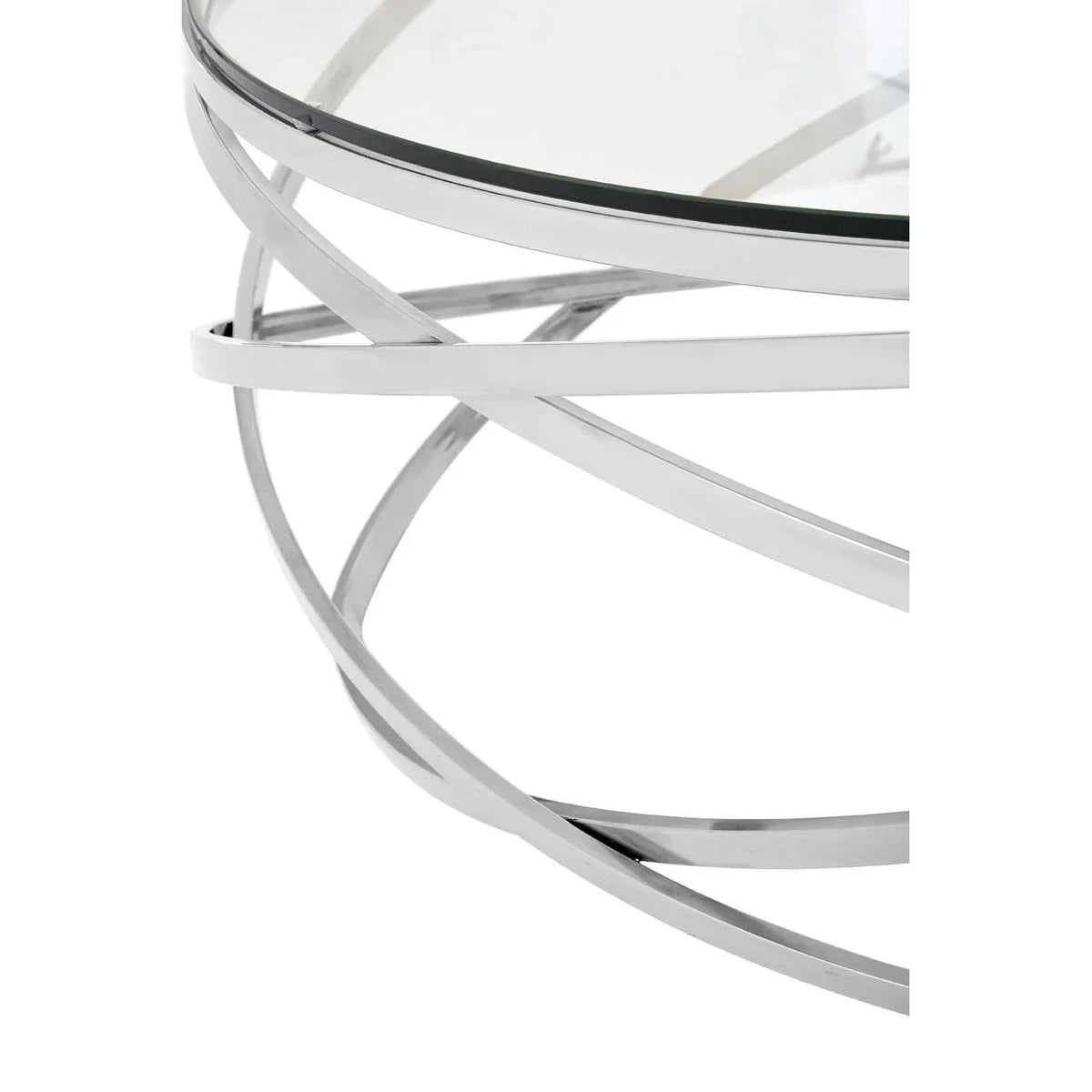 Round glass coffee table with chrome metal base detail