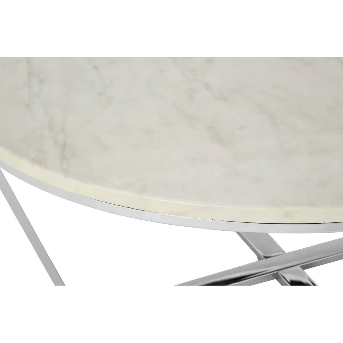 Round marble coffee table top with chrome crossed metal legs, close-up view