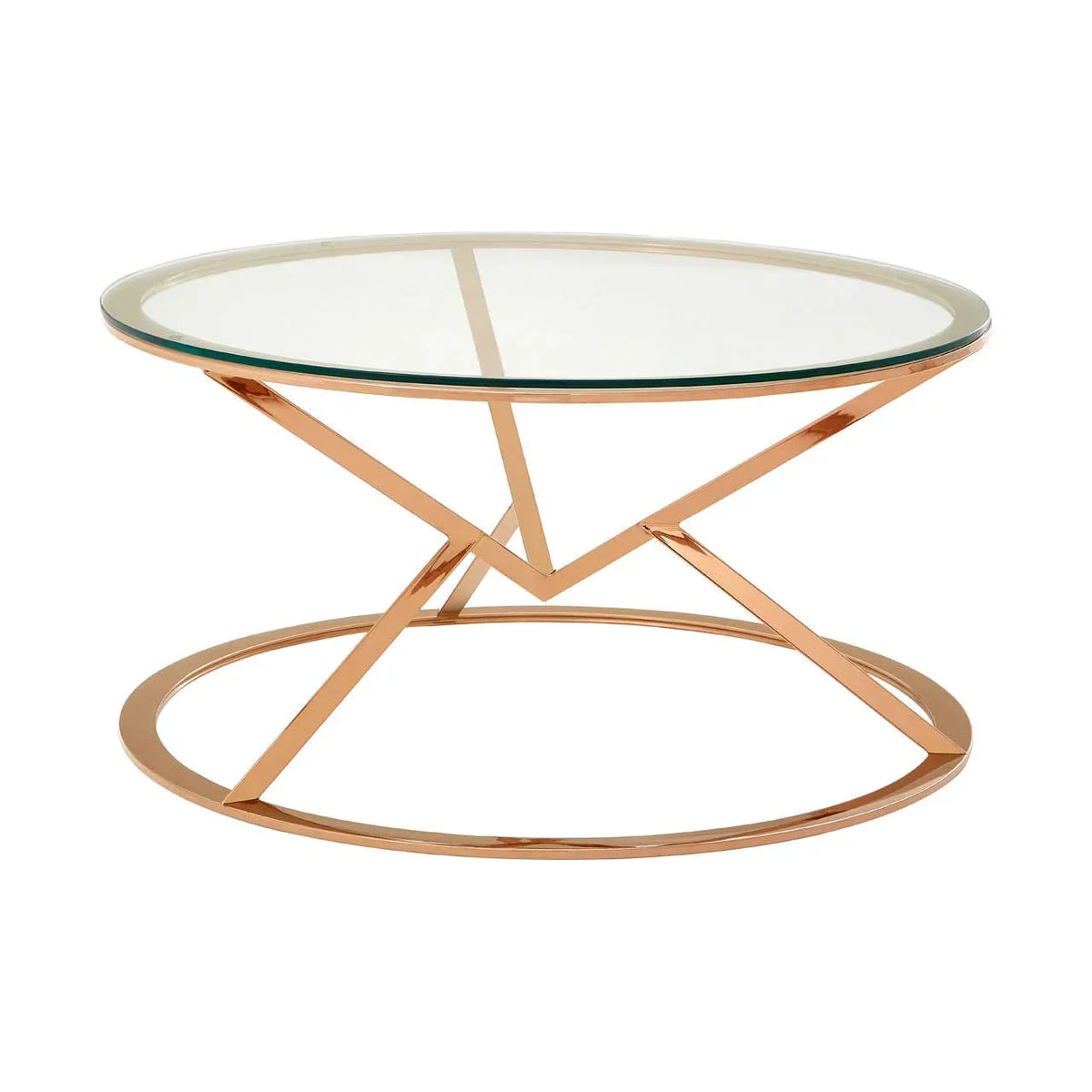 Round glass coffee table with rose gold metal geometric base