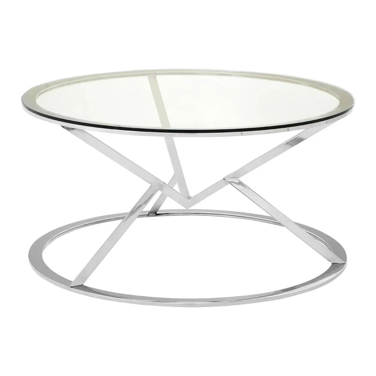 Round glass coffee table with chrome metal frame and modern geometric base