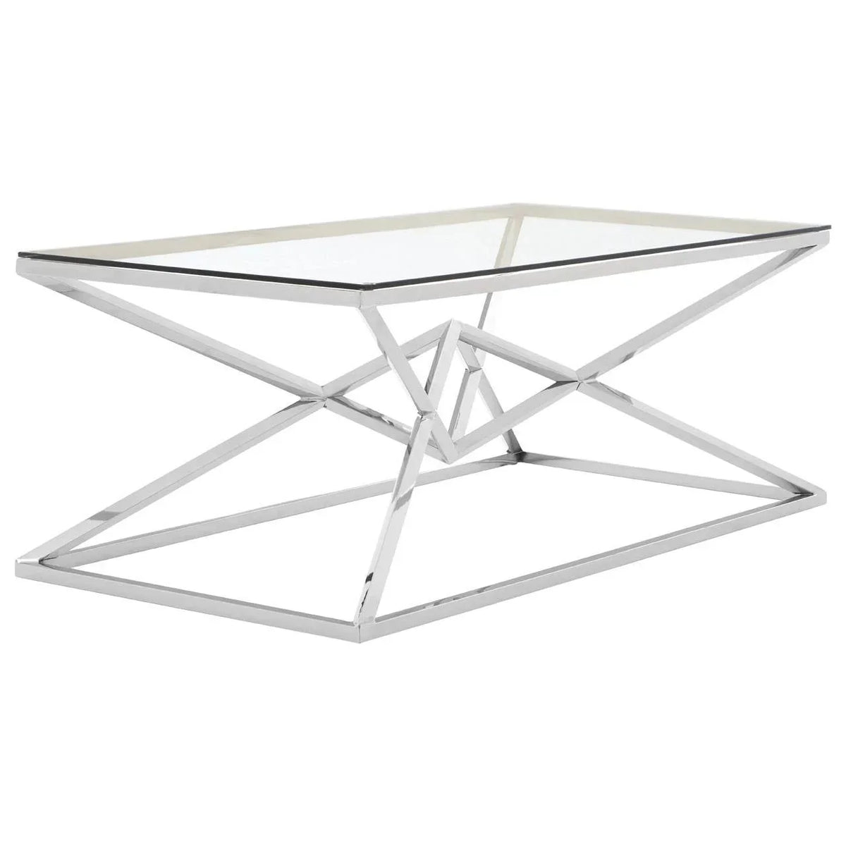 Glass top coffee table with geometric chrome metal base