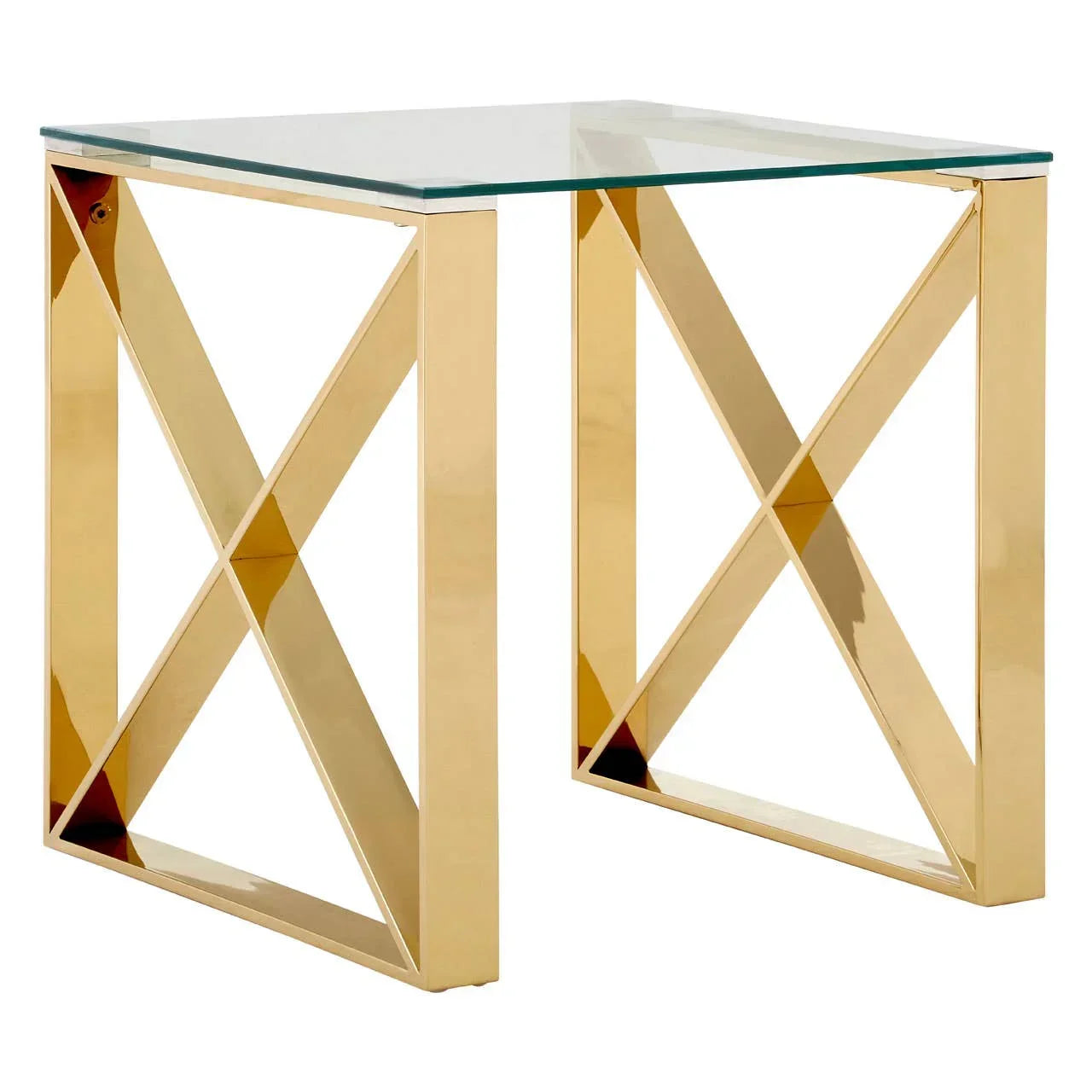 Glass top side table with gold metal frame and cross design