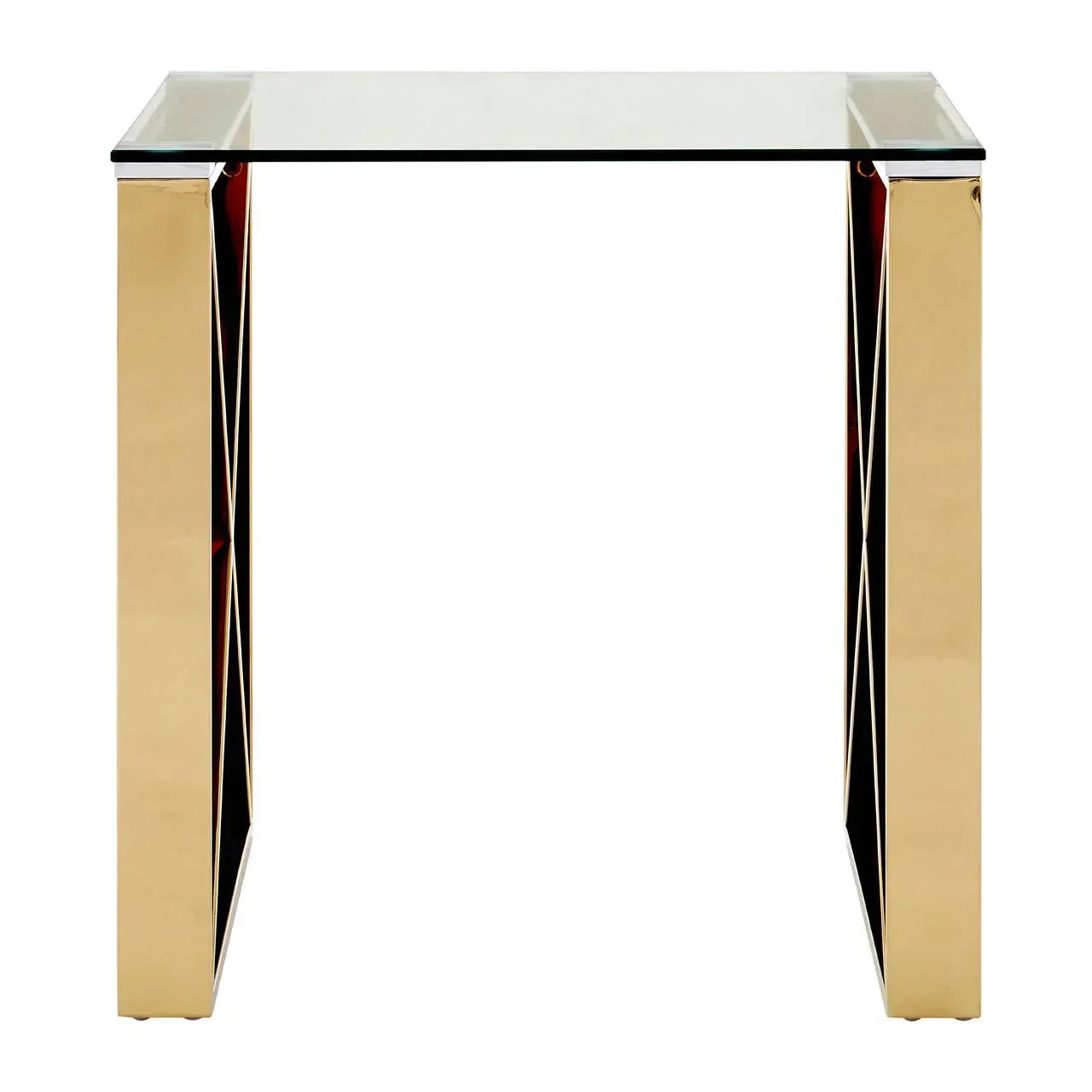 Glass console table with gold metal legs, modern geometric design, front view