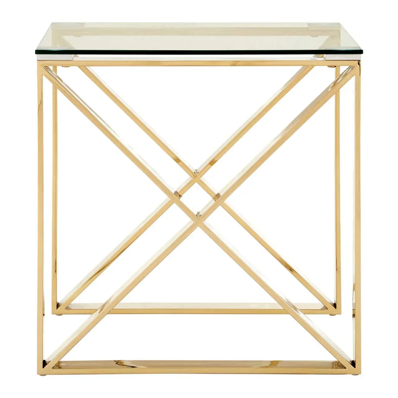 Gold metal and glass side table with geometric frame, square top, modern accent furniture