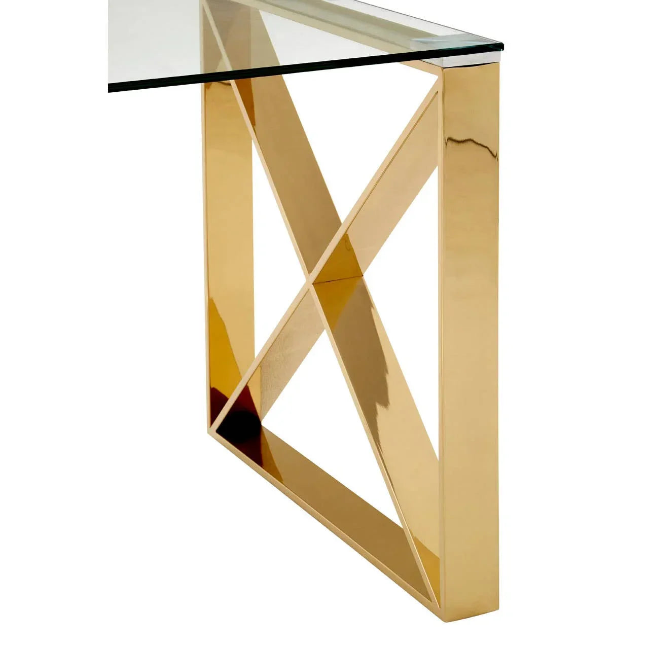 Glass console table with gold metal X-frame base, side angle view