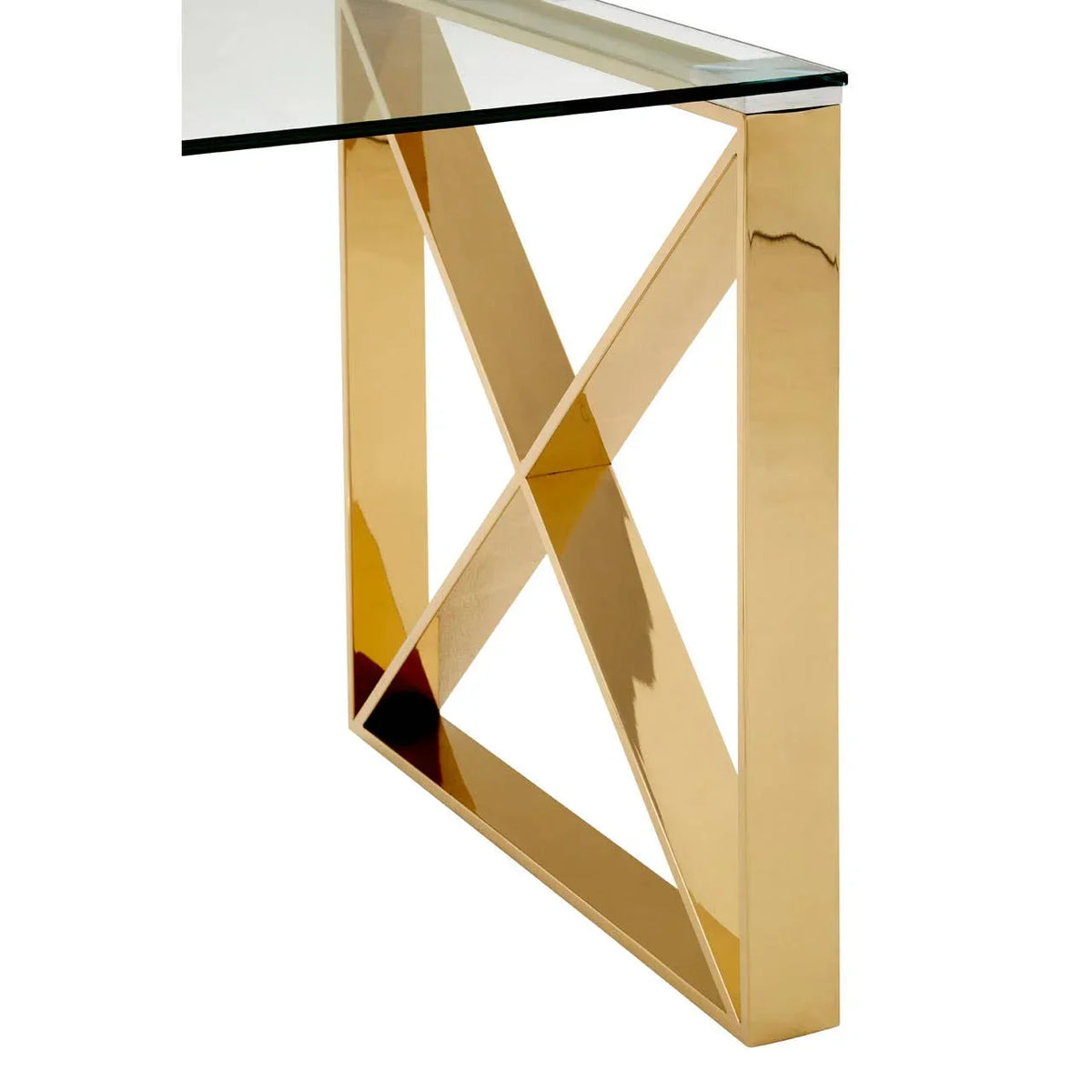 Glass console table with gold metal X-frame base, side angle view