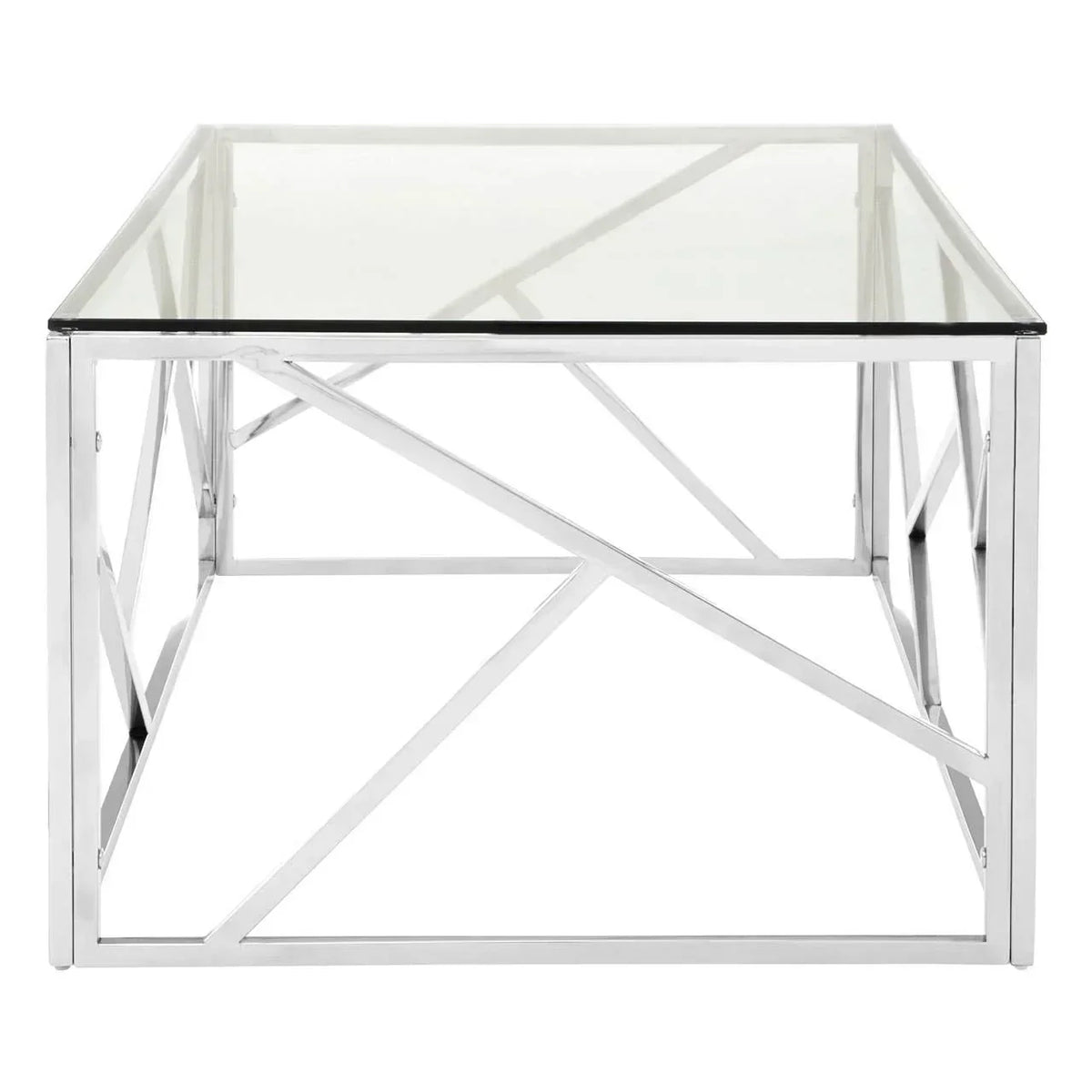 Rectangular glass coffee table with chrome metal frame and geometric base design, front view