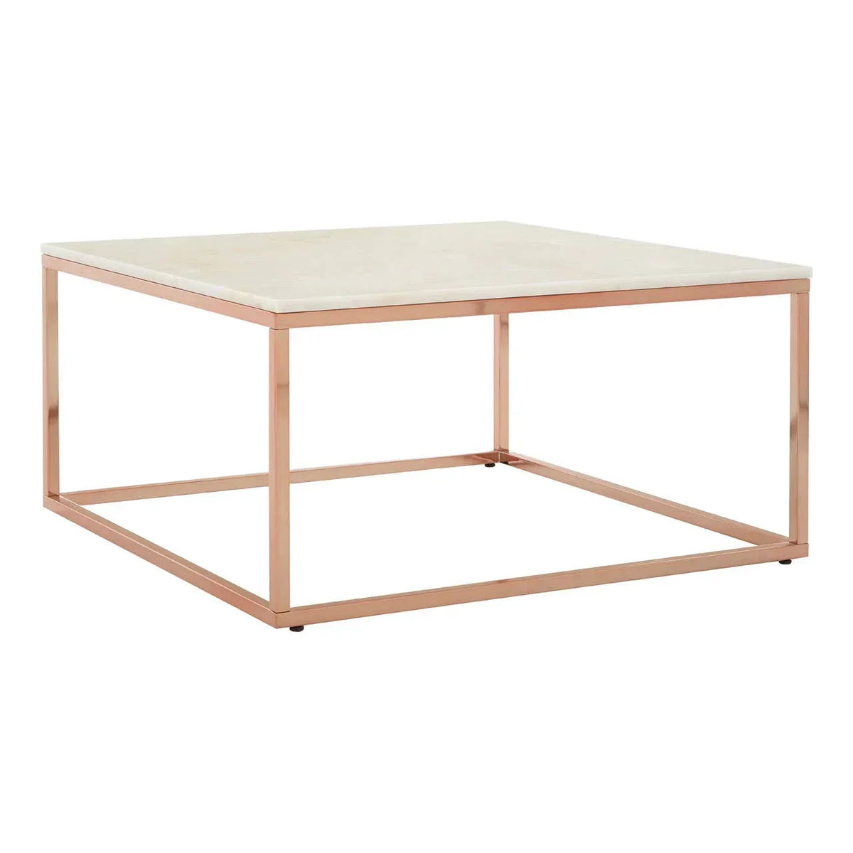 Square coffee table with rose gold metal frame and light marble top on white background