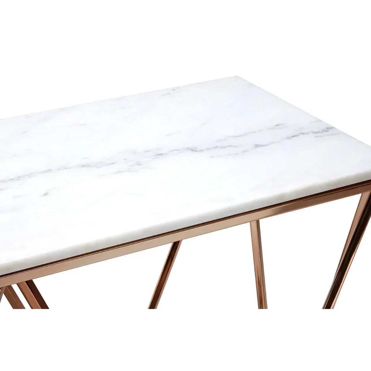 rectangular marble top table with gold metal legs, close-up view of surface and frame