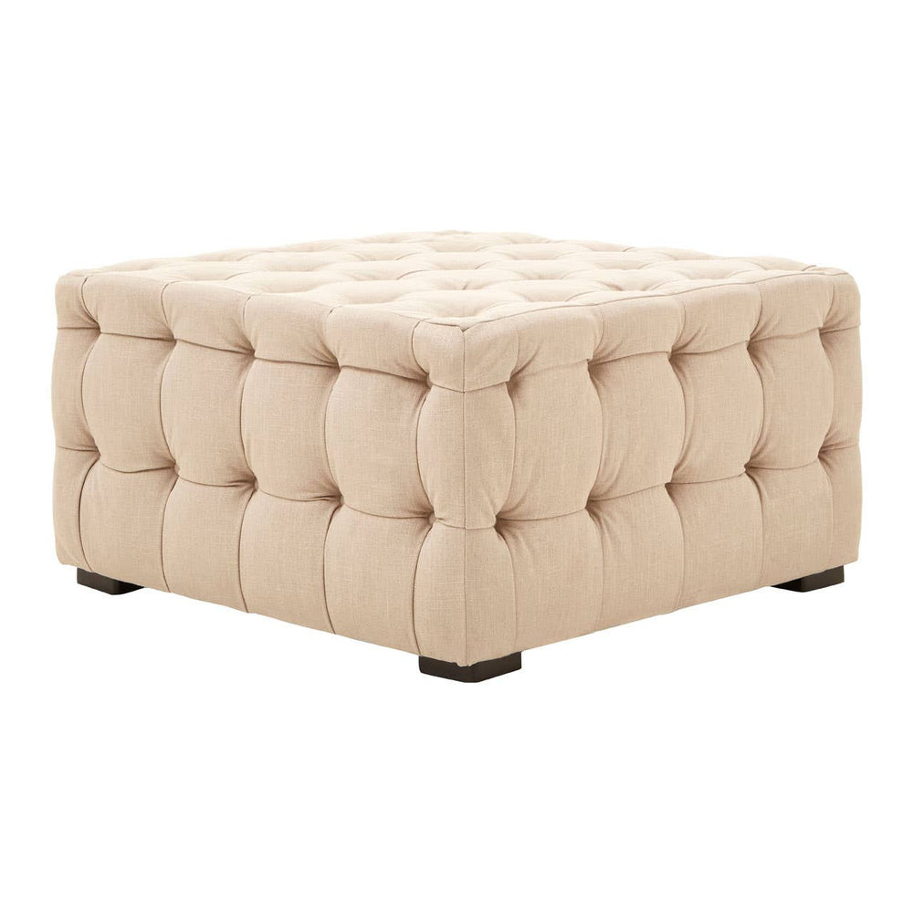 Beige linen tufted stool with a square shape, featuring button detailing on the top and sides, and dark wooden legs