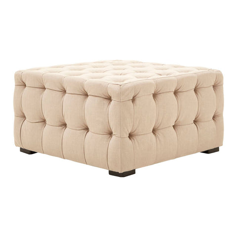 Beige linen tufted stool with a square shape, featuring button detailing on the top and sides, and dark wooden legs
