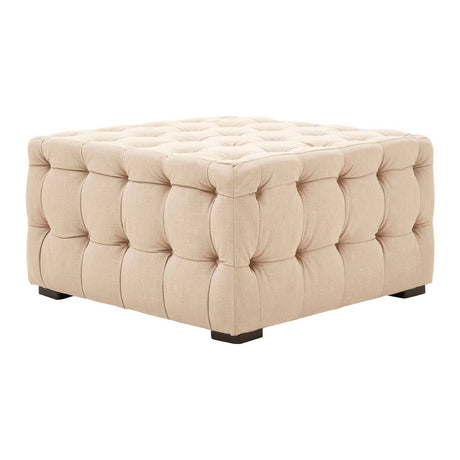 Beige linen tufted stool with a square shape, featuring button detailing on the top and sides, and dark wooden legs