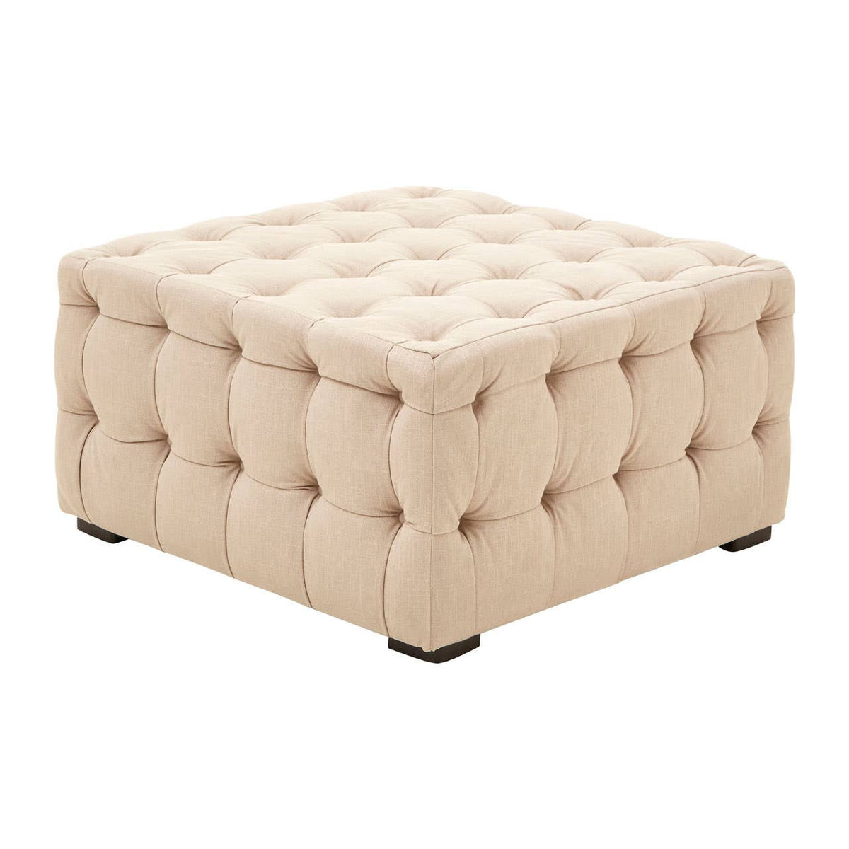 Beige linen stool with a square shape, featuring button tufting and a soft, padded surface. The stool has a classic design with visible stitching and small wooden legs