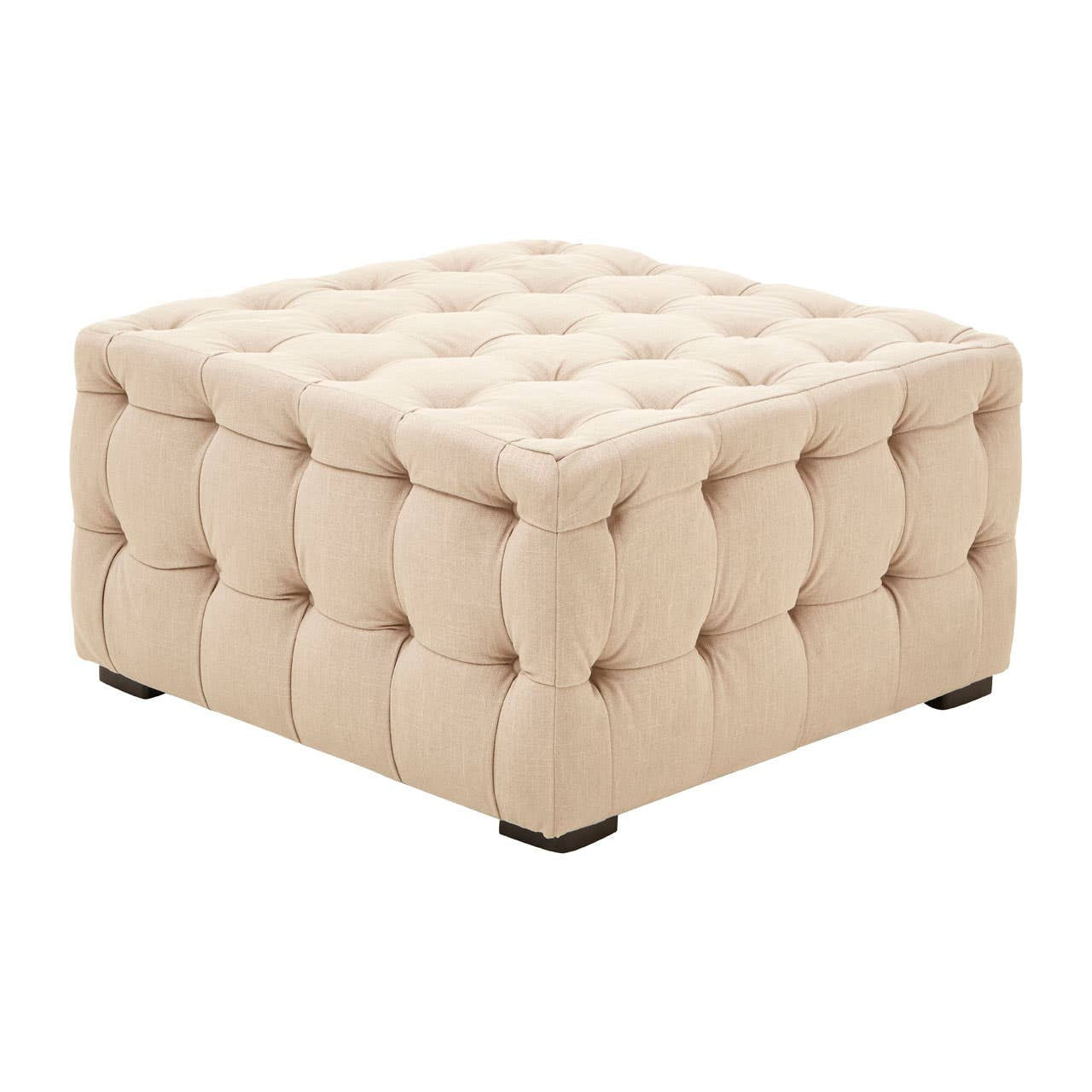 Beige linen stool with a square shape, featuring button tufting and a soft, padded surface. The stool has a classic design with visible stitching and small wooden legs