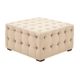 Beige linen stool with a square shape, featuring button tufting and a soft, padded surface. The stool has a classic design with visible stitching and small wooden legs