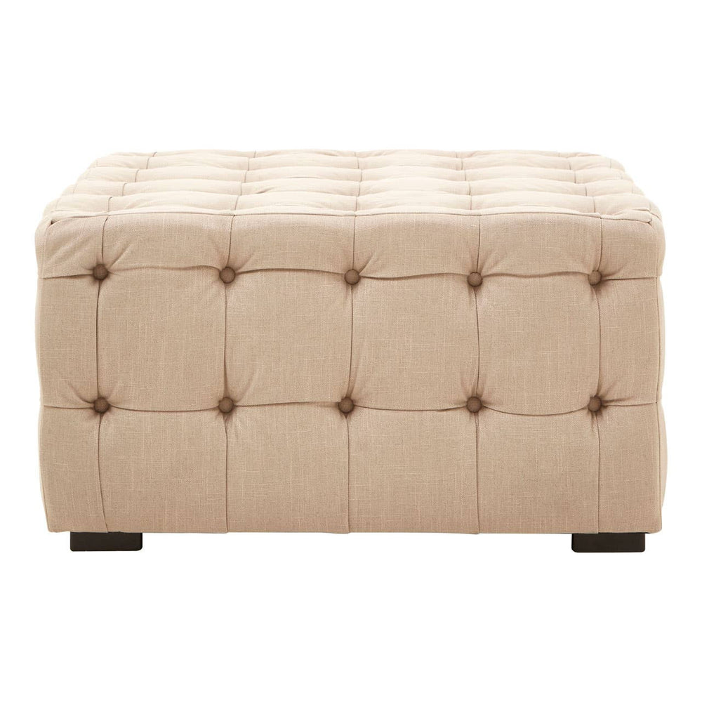 Beige linen stool with button tufting and dark wooden legs, featuring a rectangular shape and a soft, padded top
