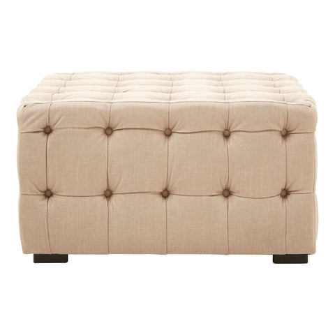Beige linen stool with button tufting and dark wooden legs, featuring a rectangular shape and a soft, padded top