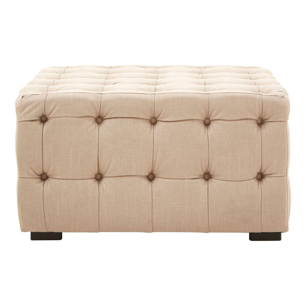 Beige linen stool with button tufting and dark wooden legs, featuring a rectangular shape and a soft, padded top