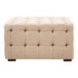 Beige linen stool with button tufting and dark wooden legs, featuring a rectangular shape and a soft, padded top